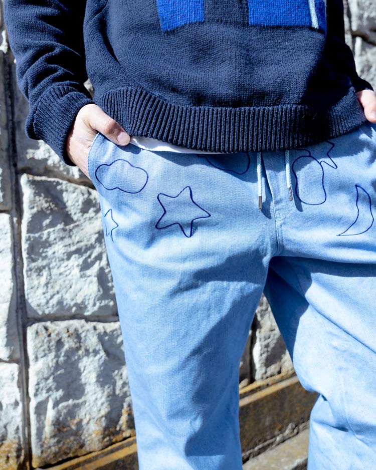 EMBROIDERY DENIM WIDE PANTS (LIGHT BLUE)