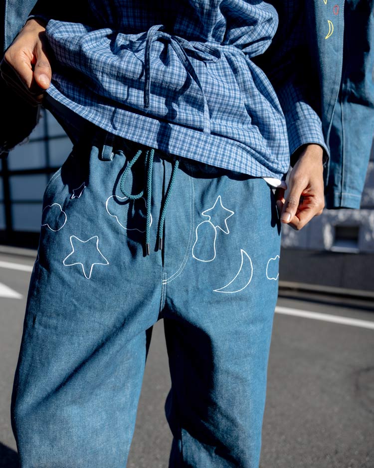 EMBROIDERY DENIM WIDE PANTS (LAKE BLUE)