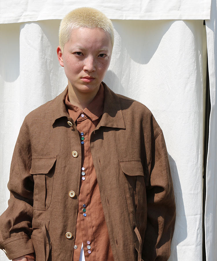 COTTON LINEN CUTTING WESTERN SHIRT (BROWN)