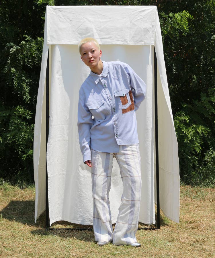 COTTON LINEN CUTTING WESTERN SHIRT (LIGHT BLUE)