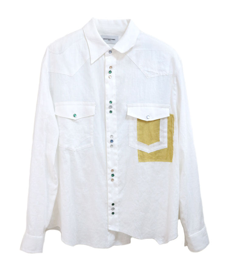 COTTON LINEN CUTTING WESTERN SHIRT (WHITE)