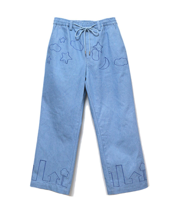 EMBROIDERY DENIM WIDE PANTS (LIGHT BLUE)