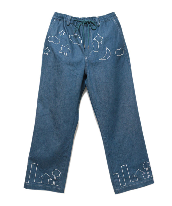 EMBROIDERY DENIM WIDE PANTS (LAKE BLUE)