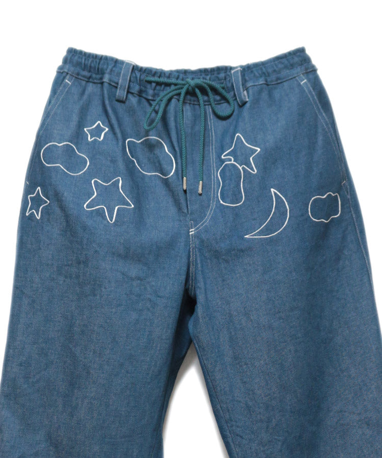 EMBROIDERY DENIM WIDE PANTS (LAKE BLUE)