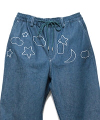 EMBROIDERY DENIM WIDE PANTS (LAKE BLUE)