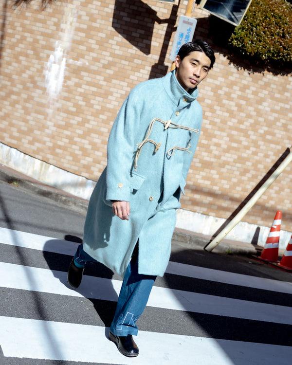 STAND COLLAR LOOSE WOOL COAT (TURQUOISE BLUE)